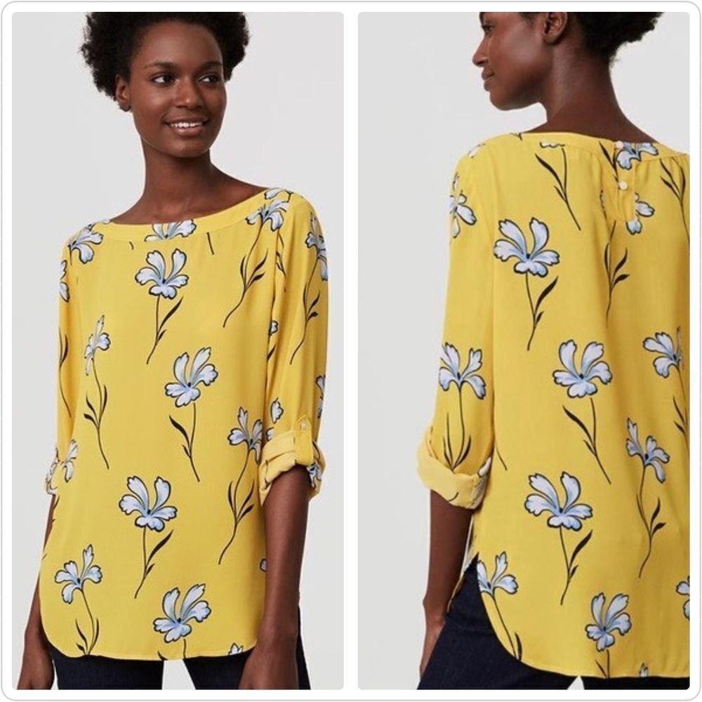 Loft Lilly Roll Tab Floral Blouse Yellow Blue Long Sleeve XS
